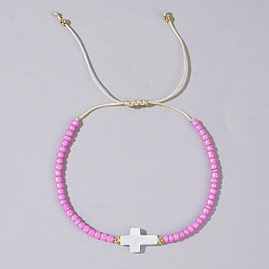 Бледно-Розовый Стеклянные бусины и латунные плетеные браслеты из бисера, белые ракушечные крестообразные регулируемые браслеты, розовый жемчуг, 11 дюйм (28 см)