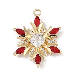 Красный Рождественские тематические латунные подвески с микропаве и кубическим цирконием, без кадмия, без никеля и без свинца, снежинка, красные, 20x16x3.5 мм, отверстие : 1.2 мм