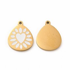 Белый Ионное покрытие (ip) 304 подвески из нержавеющей стали с эмалью, чайная капля с узором в виде сердца, белые, 15x12x1 мм, отверстие : 1.2 мм