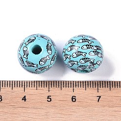 Cyan Printed Wood Beads, Round Beads, Cyan, 16x15mm, Hole: 4.3mm