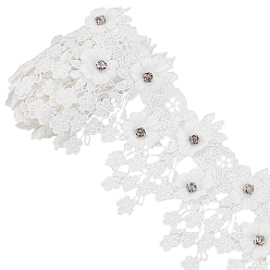 Weiß Spitzenbesatz aus Polyester, mit Strass-Kristall, Blumen-, weiß, 3-3/8 Zoll (85~90 mm), ca. 1.09 Yards (1 m)/Rolle