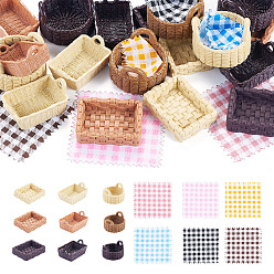Mixed Color 18Pcs 9 Styles Resin Miniature Rectangle Basket Ornaments, with 18Pcs 6 Colors Tartan Cloth Fabric, Micro Landscape Home Dollhouse Accessories, Pretending Prop Decorations, Mixed Color, Basket: 36.5~42x25~36.5x9.5~23.5mm, 2pcs/style