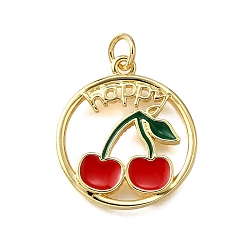 Плоский Круглый Латунь эмаль подвески, черри прелести, стойки покрытие, долговечный, без свинца и без кадмия, реальный 18 k позолоченный, с целью перехода в кольце, плоско-круглые, 21.5x19x2 мм, отверстие : 3 мм