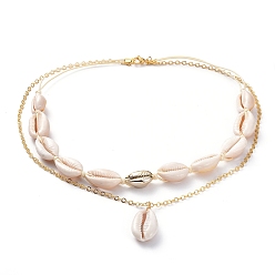 Golden 2 Layered Necklaces, with Cowrie Shell Beads, Waxed Polyester Cord, Golden Plated Brass Cable Chains and 304 Stainless Steel Lobster Claw Clasps, Golden, 18.3 inch(46.5cm)