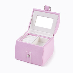 Pearl Pink Wooden Jewelry Storage Box, with Paperboard, Plastic, Velvet and Sponge, Covered with PU Leather, Pearl Pink, 12.3x12.3x15.2mm