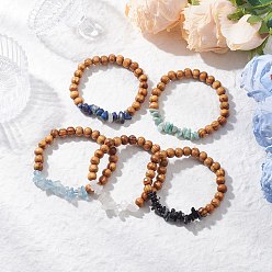 Gemstone 5Набор браслетов из натуральных кварцевых кристаллов, лазурита, черного оникса, амазонита, аквамариновых бусин и круглых деревянных бусин, внутренний диаметр: 2-1/8 дюйм (5.5 см)