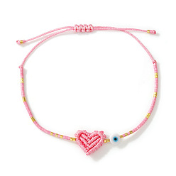 Pink Браслеты из бисера и плетеного бисера., плетеные браслеты из полиэфирного шнура для женщин, сердце и сглаз, розовые, 11.02 дюйм (28 см)