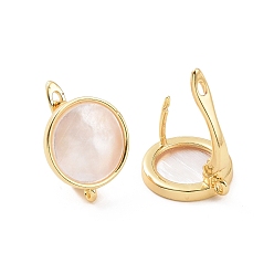 Golden Rack Plating Brass Hoop Earring Findings with Latch Back Closure, with Natural White Shell and Horizontal Loop, Flat Round, Golden, 16x14x11mm, Hole: 1.2mm, Pin: 0.9mm