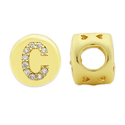 Letter C Brass Micro Pave Clear Cubic Zirconia Beads, Flat Round with Letter, Letter.C, 7.5x6.5mm, Hole: 3.5mm, 3pcs/bag