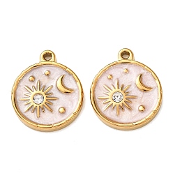 Розовый 304 подвески из нержавеющей стали, с эмалью и горный хрусталь, плоские круглые подвески и подвески в виде солнца и луны, реальный 18 k позолоченный, ионное покрытие (ip), туманная роза, 19x16x2.5 мм, отверстие : 1.2 мм