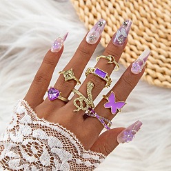 Золотой 7 шт. 7 стили сплав горный хрусталь простые полосы кольца, стиль эмалевого шарма, золотые, внутренний диаметр: 17~19 мм