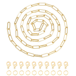 Golden Soldered Brass Paperclip Chains, Flat Oval, Drawn Elongated Cable Chains, Long-Lasting Plated, with Alloy Lobster Claw Clasps, Golden, Chains: 1m/set, Clasp: 10pcs/set, Jump Rings: about 330pcs/set