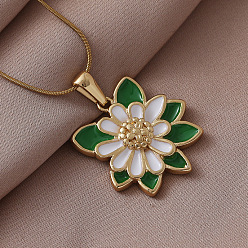Золотой 304 Женские ожерелья с подвеской в виде белого цветка из нержавеющей стали с зеленым листом, золотые, 15.75 дюйм (40 см)