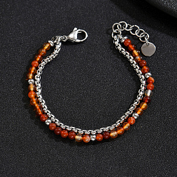 Carnelian Natural Carnelian Round Beaded 2-Strand Bracelets with 201 Stainless Steel Box Chains for Men Women, Stainless Steel Color, 7.48 inch(19cm)