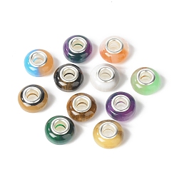 Mixed Color Rondelle Resin European Beads, Large Hole Beads, Imitation Stones, with Silver Tone Brass Double Cores, Mixed Color, 13.5x8mm, Hole: 5mm