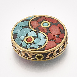 Red Handmade Indonesia Beads, with Brass Findings, Flat Round with Gossip, Golden, Red, 30x29x8mm, Hole: 2mm