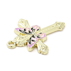 Lilac Light Gold Plated Alloy Enamel Pendants, Cross with Butterfly Charm, Lilac, 30x24x2mm, Hole: 1.6mm
