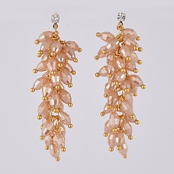 Navajo White Electroplate Glass Cluster Beads Dangle Stud Earrings, with Brass Cubic Zirconia Stud Earring Findings and Ear Nuts, Earring Backs, Real 18K Gold Plated, Navajo White, 55mm, Pin: 0.7mm