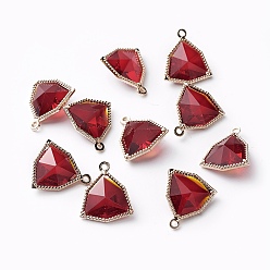 Красный Стеклянные подвески, с фурнитурой Berzel с открытой спиной из экологически чистого сплава, граненые, треугольные, золотой свет, красные, 17x14.5x7 мм, отверстие : 1.2 мм