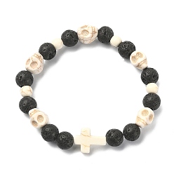 Beige Dyed Natural & Synthetic Mixed Gemstone Skull & Cross Beaded Stretch Bracelets, Beige, Inner Diameter: 2-1/4 inch(5.8cm)