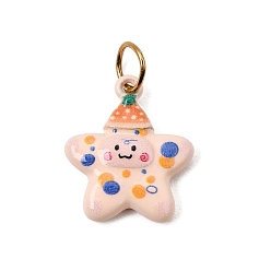 Pink Printed 304 Stainless Steel Pendants, Star with Party Hat Charms, Golden, Pink, 18x15x3.5mm, Hole: 5mm