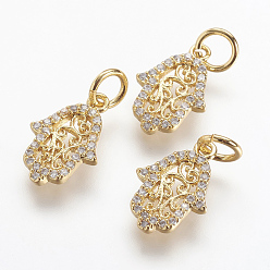 Настоящее золото 18K Латунные микро проложить кубического циркония прелести, hamsa рука / рука fatima / рука miriam, без кадмия, без никеля и без свинца, реальный 18 k позолоченный, 14x9x1.5 мм, отверстие : 3 мм