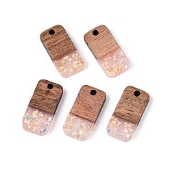 Розовый Подвески из непрозрачной смолы и орехового дерева, прямоугольник амулеты, с блестящей пудрой и золотой фольгой, туманная роза, 20.5~21x10x3 мм, отверстие : 2 мм