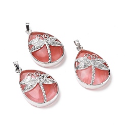 Вишневый Кварц Вишневое из кварцевого стекла подвески, с латунной фурнитурой платинового цвета, без свинца и без кадмия, слезинка с подвесками в виде стрекоз, 40~40.5x26~26.5x9~9.5 мм, отверстие : 5x7 мм