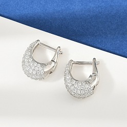 Платина Овальные серьги-кольца из латуни с микропаве из прозрачных кубических цирконий, без кадмия и без свинца, стойки покрытие, долговечный, платина, 17x6.5x14 мм