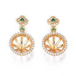 Golden Brass Micro Pave Cubic Zirconia Peg Bails Pendants, for Half Drilled Beads, Nickel Free, Flower, Green, Golden, 21x12x5mm, Hole: 1.8mm, Pin: 1mm