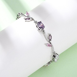 Платина Браслеты из латуни с микропаве и фианитами для женщин, лист, долговечный, стойки покрытие, без свинца и без кадмия, платина, 7-3/4 дюйм (19.8 см)