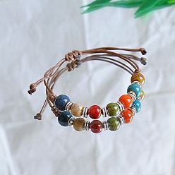 Разноцветный Круглые керамические бусины плетеные браслеты из бисера, регулируемые плетеные браслеты из вощеного шнура для женщин, красочный, 4~9-7/8 дюйм (10~25 см)