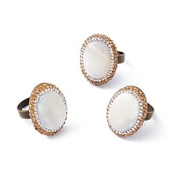 Античная Бронза Овальное регулируемое кольцо из натуральной ракушки со стразами, массивное кольцо из латуни для женщин, античная бронза, размер США 6 1/2 (16.9 мм)