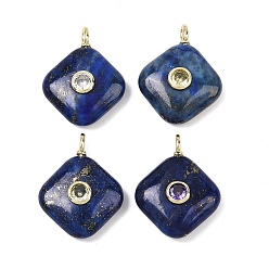 Ляпис-Лазурь Крашеные природные лазурит подвески, Подвески в виде ромбов с золотистой латунной микропаве из кубических цирконий разных цветов, 22.5~23.5x17.5x5.5~7 мм, отверстие : 2.5x1.5 мм