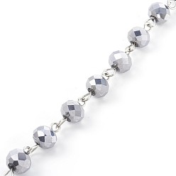 Silver Handmade Electroplate Glass Beaded Chains, Unwelded, with Iron Eye Pin, Rondelle, Silver, 14x8mm, 1m/strand, 39.37 inch