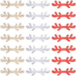 Mixed Color 30Pcs 3 Colors Christmas Theme Imitation Leather Ornament Accessories, with Glitter Powder, Antler, Mixed Color, 55x173x2mm, 10pcs/color