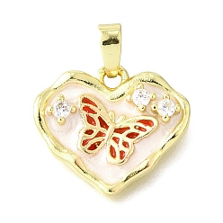 (123L) Белый крем непрозрачный блеск Латунные микропроволочные кубические циркониевые подвески из эмали, сердце с бабочкой, долговечный, без свинца и без кадмия, стойки покрытие, огнеупорный кирпич, 15.5x18x3.5 мм, отверстие : 5x3 мм