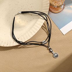 Черный Плоские круглые сплава кулон ожерелье, с коровьим шнуром, чёрные, 17.72 дюйм (45 см)