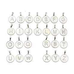Letter A~Z 304 нержавеющая сталь с подвесками в виде белых ракушек, цвет нержавеющей стали, плоский круглый с подвеской в виде буквы, Письмо ~ Z, 18x16x1.5 мм, отверстие : 3x6 мм