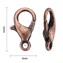Red Copper Zinc Alloy Lobster Claw Clasps, Parrot Trigger Clasps, Cadmium Free & Nickel Free & Lead Free, Red Copper, 12x6mm, Hole: 1.2mm