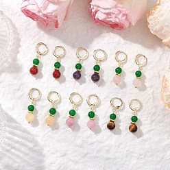 Золотой 6 пары серег-колец из натурального и окрашенного малайзийского нефрита, круглые, с натуральным кварцем, природного розового кварца, Природный аметист, естественный желтый нефрит, натуральный сердолик и натуральный тигровый глаз класса ab, золотые, 34.5x8.5 мм