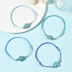 Bleu 4pcs 4 bracelets en cordon de polyester ciré ajustable, ornés de perles turquoise synthétique teintes à l'océan et de tortues marines, pour femmes, or, bleu, diamètre intérieur: 3.46 pouce (8.8 cm), 1 pc / couleur