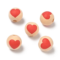 Красный Европейские деревянные бусины ко Дню святого Валентина, окрашенные распылением и напечатанные, круглые с сердца шаблона, бусины с большим отверстием, красные, 15~16 мм, отверстие : 4 мм