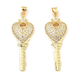 Настоящее золото 16K Покрытие стойки латунь микропаве прозрачные подвески из кубического циркония, без кадмия и без свинца, Ключ с сердцем, реальный 16 k позолоченный, 42x15.5x5 мм, отверстие : 3.5x4 мм