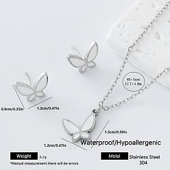 Blanco 304 Conjunto de collar con colgante de mariposa esmaltada en acero inoxidable y pendientes de botón para mujer, dorado, blanco, 450 mm