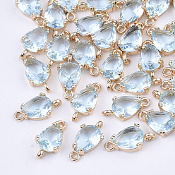 Бледно-бирюзовый Прозрачные стеклянные соединители звеньев, с латунной фурнитурой , граненые, слеза, золотой свет, бледные бирюзовая, 13x7x3.5 мм, отверстие : 1.2 мм