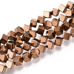 с Покрытием Меди Гальванические нити из синтетических немагнитных гематитовых бусин, вакуумное покрытие pvd, диагональные кубические бусины, с медным покрытием, 5.5x5.5x5.5 мм, отверстие : 0.8 мм, около 0.8~0.9 мм, около 76~79 шт / нитка, 15.35~15.75'' (39~40 см)