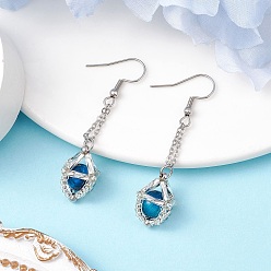 Средно-синий Стекло бисер мотаться серьги, с бусиной из натурального тигрового глаза и 304 цепочками-роло из нержавеющей стали, светло-синий, 50x15 мм