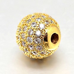 Real 18K Gold Plated Round Brass Micro Pave Cubic Zirconia Beads, Clear, Real 18K Gold Plated, 10mm, Hole: 2mm