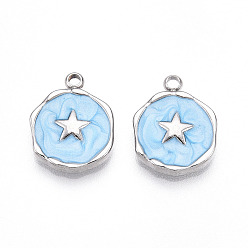 Светло-Голубой 304 подвески из нержавеющей стали, с эмалью, плоский круглый со звездными подвесками, цвет нержавеющей стали, Небесно-голубой, 16x12.5x2.5 мм, отверстие : 1.6~1.8 мм